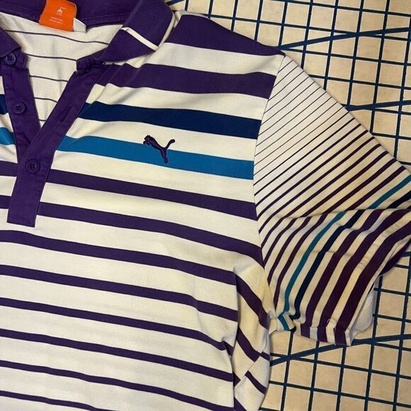 Puma Sport Lifestyle Polo Shirt Size XL Striped White Purple Embroidered Logo - Picture 5 of 7